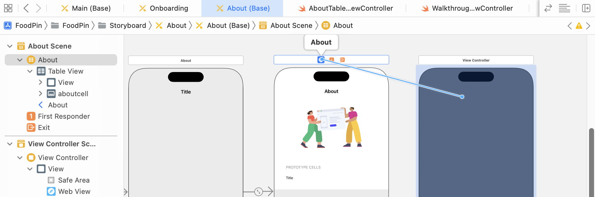 Figure 23-9. Creating a segue between the About controller and the view controller